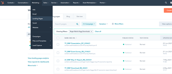 Screenshot of landing page function on HubSpot